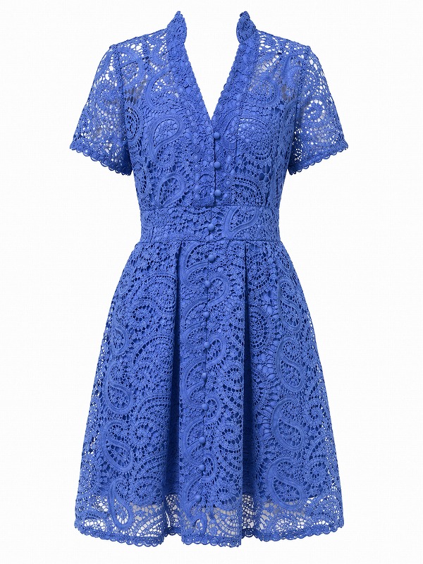 【新品DRESS 156】ペイズリー柄ケミカル総レースフレアミニドレス ブルー【ODI ET AMO】
